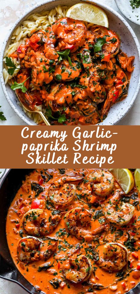 Creamy Garlic-paprika Shrimp Skillet Recipe - Cheff Recipes Creamy Garlic Paprika Shrimp Skillet, Creamy Paprika Shrimp, Creamy Garlic Shrimp Skillet, Prawn Dinner Recipes, Low Carb Shrimp Recipes Dinners, Shrimp Paprika, Creamy Shrimp Recipes, Healthy Seafood Dinner Recipes, Elevated Recipes