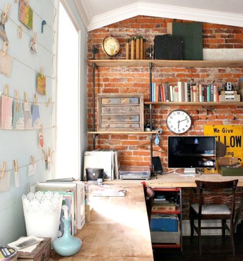 10 Ways to Decorate an Exposed Brick Wall Without Drilling | 6sqft Brick Wall Decor, Brick Interior Wall, Cozy Home Office, A Brick Wall, Modern Vintage Decor, Exposed Brick Walls, Wall Bookshelves, Exposed Brick, Diy Shelves