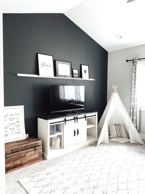 Playroom With Accent Wall, Accent Wall For Playroom, Dark Grey Playroom, Black Wall Playroom, Black Accent Wall Playroom, Gray Playroom Ideas, Playroom Accent Wall Color, Cheating Heart Benjamin Moore, Accent Wall Playroom