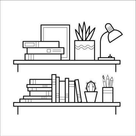 Book Clip Art Black And White, Book Case Drawing, Bookshelf Coloring Page, Library Illustration Art, Bookshelf Doodle, Book Doodles Aesthetic, Reading Doodles, Shelves Drawing, Bookshelf Drawing