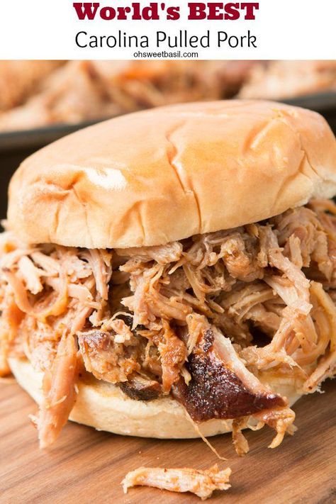 The world's BEST carolina pulled pork! No, really it is! ohsweetbasil.com The Best Pulled Pork, Pork Crock, Best Pulled Pork, Carolina Pulled Pork, Pulled Pork Recipe, Crockpot Pulled Pork, Pulled Pork Recipes, Pork Sandwich, Pulled Pork Sandwich