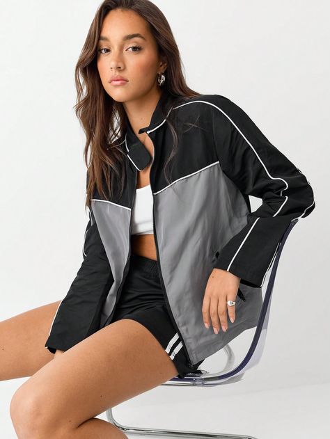 Women's Spring Autumn Long Sleeve Casual Color Block Zip Up Jacket With White Stripe Trim Black Casual  Long Sleeve Woven Fabric Colorblock,Striped Windbreaker Non-Stretch  Women Clothing, size features are:Bust: ,Length: ,Sleeve Length: Womens Outdoor Clothing, Reflective Jacket, Seamless Leggings, Inspiration Mode, Outdoor Outfit, Long Sleeve Casual, All Fashion, Women Clothes Sale, Women Clothing