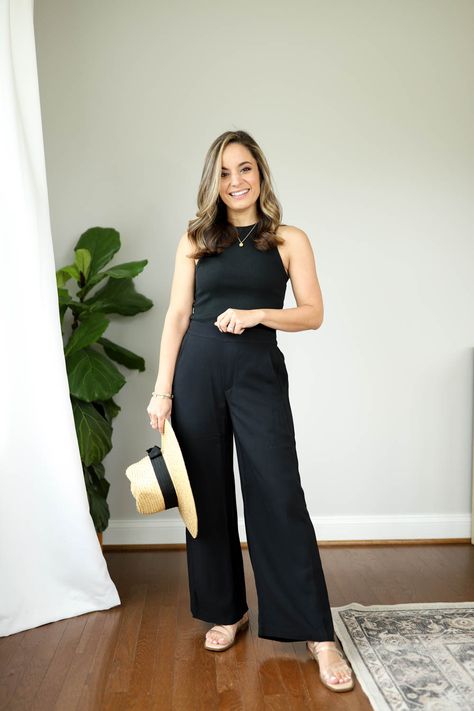 All Black Summer Outfits - Pumps & Push Ups Black Wide Leg Pants Outfit Summer, All Black Summer Outfits, Wide Leg Pants Outfit Summer, Black Dress Pants Outfits, All Black Outfit For Work, Wide Pants Outfit, Black Summer Outfits, Summer Date Night Outfit, Dress Pants Outfits