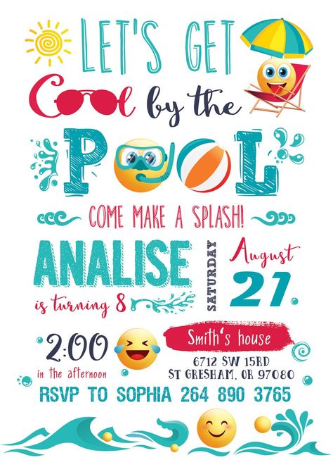 "Emoji Pool Party Invitation, Emoji Invitation, Cool by the Pool Summer, Pool Party, Summer Swim Party, Printable, 5x7 Invitation,  Summer  Invitation, Party Supplies, blue, red, yellow --- --- The invitation is not editable.   To edit, contact me. I'll edit. Size - 5x7 inches  1. Purchase this listing 2. In \"notes to seller\" let me know all the pertinent party information such -Name -Age -Date -Time -Event address -RSVP info 3. Within 48 business hours of receiving your order, I will email a Swim Party Invitations, Emoji Invitations, Pool Party Invitation Template, Pool Party Summer, Summer Invitation, Party Swimming Pool, First Birthday Chalkboard, Swim Party, Bday Invitations