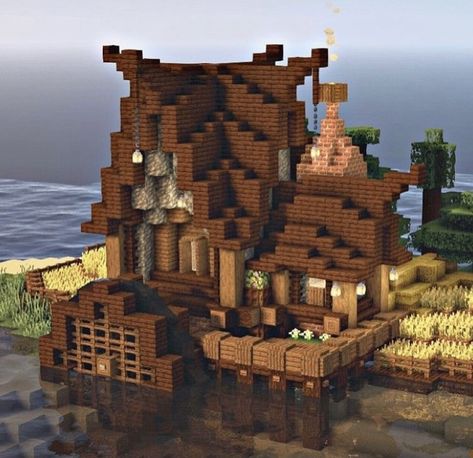 Fisherman House Minecraft Ideas, Fisherman Hut Minecraft, Minecraft Carpenter House, Minecraft Shipwreck House, Minecraft Waterwheel House, Minecraft Fisherman Hut, Fishing Shack Minecraft, Minecraft Water Wheel, Minecraft Shop Ideas