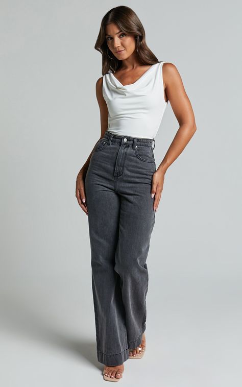 White Blouse And Denim Jeans Outfit, Sleeveless Crop Top Designs For Long Skirt, Cowl Neck Top With Skirt, Skirt And Crop Top Designs, Casual Outfits Crop Top, White Cowl Neck Top Outfit, Party Outfit Jeans And Top, Party Wear Jeans Top Outfit, Cowl Top Outfit