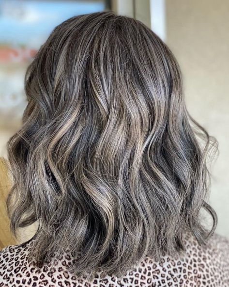 Gray Hair with Lowlights for Brunettes Subtle Gray Highlights Brown Hair, Dark Charcoal Hair, Charcoal Hair Color, Lowlights For Brunettes, Gray Highlights Brown Hair, Hair Lowlights, Natural White Hair, Gray Hair With Lowlights, Charcoal Hair