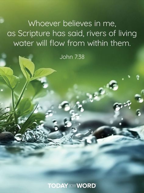 Whoever believes in me, as Scripture has said, rivers of living water will flow from within them. - JOHN 7:38 Today in the Word - a daily devotional Bible study🙏 #Christian #bibleverses #christianquotes Living Water Scripture, John 7 38, Rivers Of Living Water, Journal Bible Quotes, Devotional Bible, Water Quotes, Bible Verse For Today, Hope Inspiration, Faith Scripture