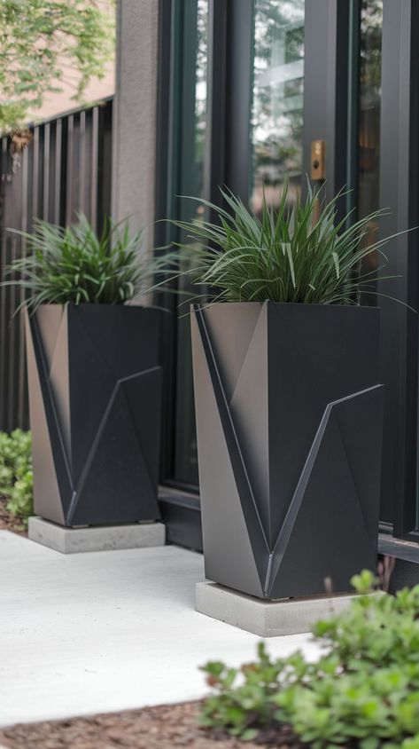 Update your front door with chic, modern tall planters that bring a fresh, contemporary vibe to your home. Ideal for enhancing your curb appeal with style. Large Flower Pots Outdoor, Diy Large Planters, Outdoor Ideas Garden, Tall Planters Front Door, Planters Ideas, Contemporary Planters, Ideas For Front Of House, Large Flower Pots, Outdoor Garden Lighting