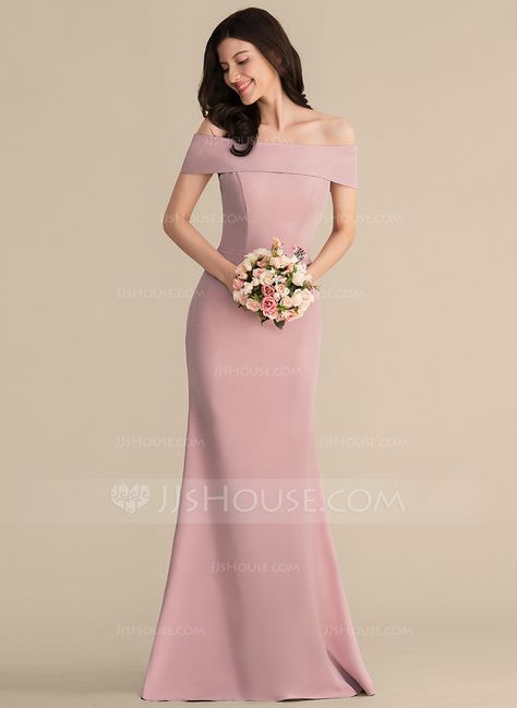 Trumpet/Mermaid Off-the-Shoulder Floor-Length Stretch Crepe Bridesmaid Dress Crepe Bridesmaid Dress, Off Shoulder Bridesmaid Dress, Mob Dress, Blush Pink Bridesmaids, Simple Bride, Grey Bridesmaids, Off Shoulder Gown, Maid Of Honour Dresses, Mermaid Bridesmaid Dresses