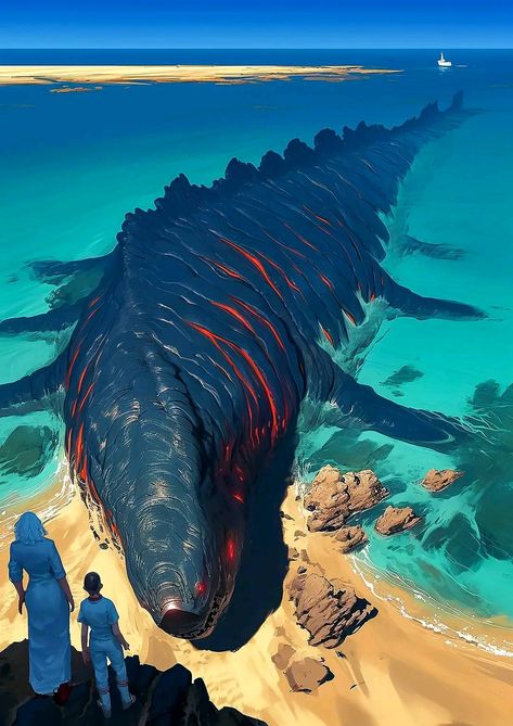 # **A Sea Slug has washed up on the shore of Planet Ocean. These animals can reach 2 miles in length.** Fantasy Sea Creatures, Planet Concept Art, Sea Creature Art, Ocean Creatures Art, Ocean Planet, Fictional Creatures, Sea Monster Art, Ocean Monsters, Space Opera Art