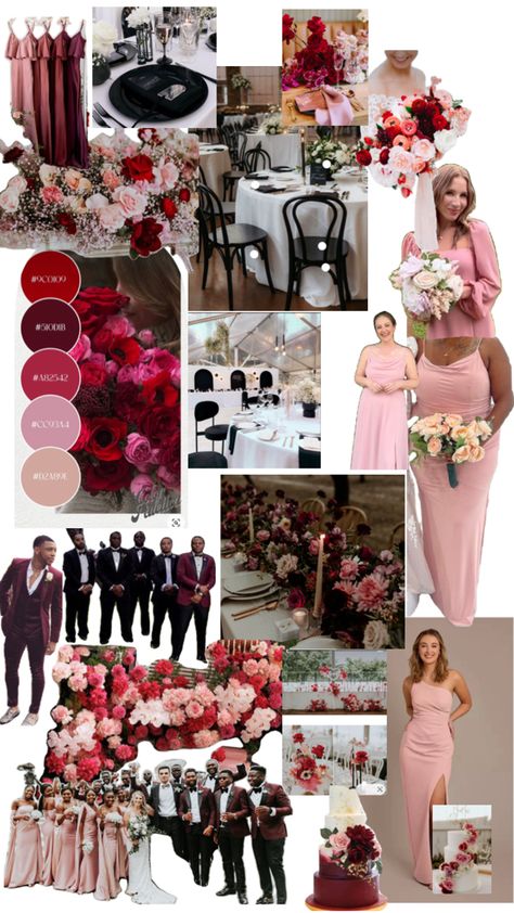 Color Palette Pink And Maroon Wedding Theme, Black Red Pink Wedding, Red Pink Wedding Theme, Pink And Red Wedding Theme, Red And Blush Wedding, Pink Burgundy Wedding, Pink Wedding Palette, Red And Pink Wedding, Galentines Brunch