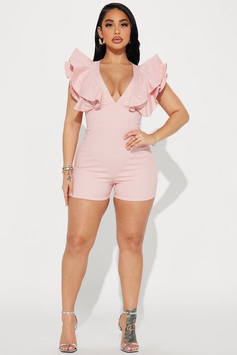 Available In Pink And White. Romper Short Sleeve Ruffle Trim V Neck Back Zipper Short Slight Stretch 97% Cotton 3% Spandex Imported | Can't Deny This Denim Romper in Pink size Medium by Fashion Nova Service Women, Zipper Shorts, White Romper, Denim Romper, Popular Outfits, Active Wear Outfits, Jeans Jumpsuit, Short Rompers, Matching Dresses