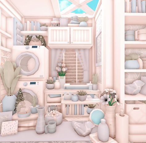 Bloxburg Preppy Bedroom, Preppy Bloxburg, Bloxburg Laundry Room Ideas, Roblox Decor, Bloxburg Decor, Bloxburg Christmas, Cottage Core Bloxburg House, Bloxburg Rooms, Bloxburg Interior