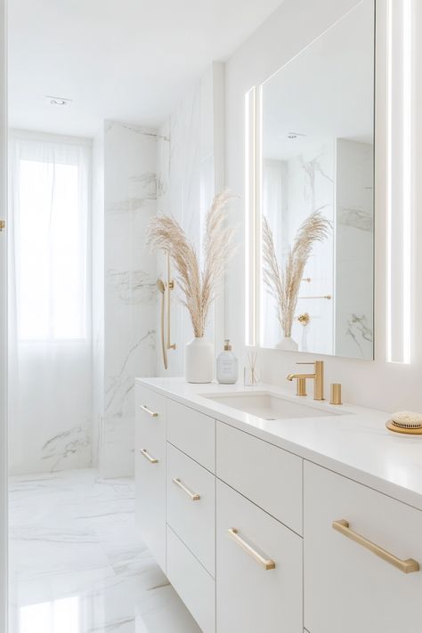 Discover modern bathroom ideas that combine sleek designs with ultimate comfort. This elegant white and gold decor enhances space, providing a fresh, clean look. Perfect inspiration for a serene and stylish upgrade. #HomeDecor #BathroomDesign #ModernBathroomIdeas White And Gold Ensuite, White And Gold Bathroom Ideas Small, White And Gold Bathroom Vanity, White Bathroom Vanity Gold Hardware, White Bathroom Gold Fixtures, White Aesthetic Bathroom, Bathroom All White, Bathroom White And Gold, Bathroom White Gold