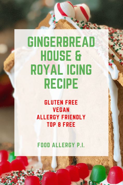 Gingerbread House & Royal Icing Gluten Free, Vegan, Allergy Friendly Top 8 Free Gluten Free Vegan Gingerbread House, Gluten Free Gingerbread House Recipe, Gingerbread House Royal Icing, Royal Icing Gingerbread House, Gingerbread House Frosting, Gluten Free Gingerbread House, Peanut Free Desserts, Gingerbread House Icing, Allergy Friendly Cookies