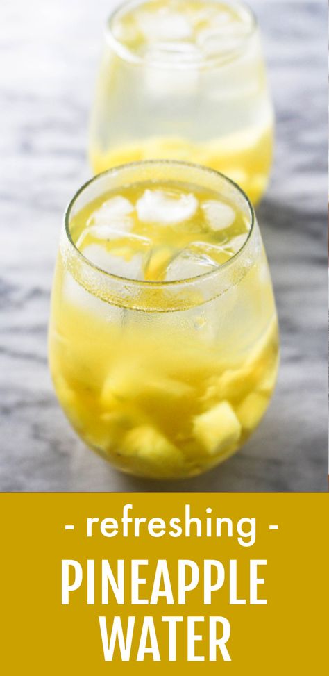 Two glasses of pineapple water with ice. Below the image, there is a text overlay saying: refreshing pineapple water. Pineapple Water Recipe, Pineapple Detox, Fruit Infused Water Recipes, Pineapple Benefits, Flavored Water Recipes, Pineapple Water, Pineapple Drinks, Plain Water, Pineapple Recipes