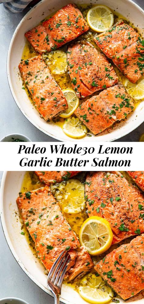 This simple and classic garlic lemon butter salmon recipe is packed with flavor and goes with all your favorite side dishes. Keep it low in carbs with cauliflower rice or serve with crispy roasted potatoes for a delicious, Whole30 friendly option. You’re going to want this one in your dinner rotation ASAP! #paleo #whole30 #keto #cleaneating Paleo Salmon Recipe, Whole30 Salmon Recipes, Cooking With Ghee, Crispy Roasted Potatoes, Paleo Salmon, Lemon Butter Salmon, Paleo Fish, Paleo Dinners, Whole 30 Meal Plan