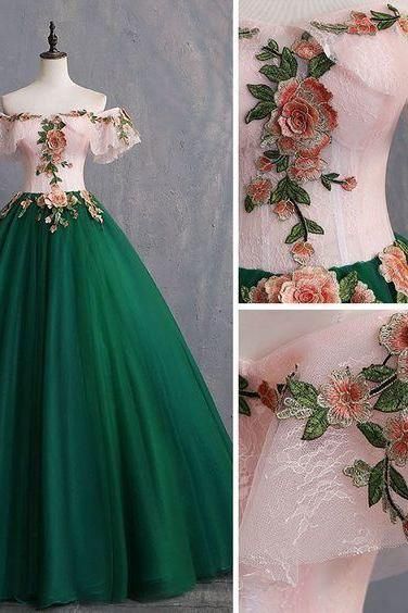 Vintage Green Dress Ball Gowns, Princess Style Green Ball Gown Dress, Green Proncess Dress, Elegant Off-shoulder Green Ball Gown, Floor-length Green Dress With Intricate Embroidery, Green Victorian Dress, Dark Green Prom Dresses, Victorian Dress Gown, Victorian Style Clothing