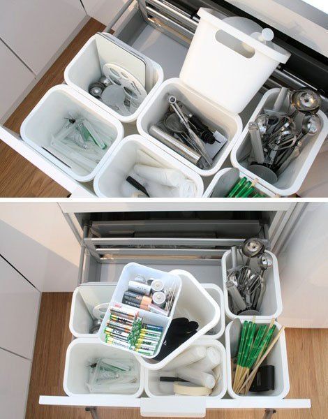 A Smart Organizing Solution For Deep Kitchen Drawers Chez Larsson Deep Kitchen Drawer Organization, Organizer Tips, Small Kitchen Items, Deep Drawer Organization, Ikea Drawers, Organize Kitchen, Tool Drawers, Organized Kitchen, Smart Organization