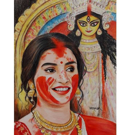 Sidur Khela, Vijaya Dashami, Watercolor Portrait Tutorial, Elephant Painting Canvas, Buddhist Art Drawing, Drawing Scenery, Bengali Art, Durga Painting, Pencil Sketch Images