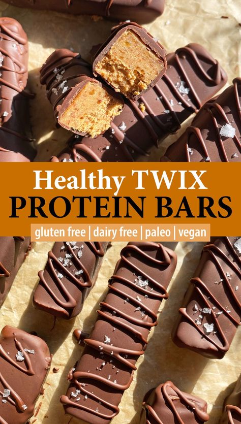 Date Caramel Twix Bars, Chocolate Protein Snack Recipes, Protein Date Bar, Protein Candy Bars, Protein Bar Chocolate, Gluten Dairy Free Protein, Twix Protein Bar, Protein Twix Bars, High Protein Date Recipes