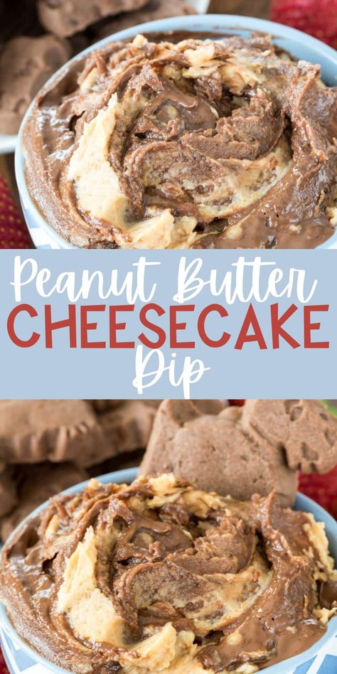 Easy peanut butter cheesecake dip - a s'mores dip with peanut butter! The perfect simple dip for parties - we love dipping cookies in this Peanut Butter And Jelly Dip, Peanut Butter Dessert Dip, Cake Mix Dessert Dips, Kit Kat Dip, Easy Dessert Dips 3 Ingredients, Peanut Butter Fluff Dip, Fall Dessert Dips, Easy Appetizer Dips, Sweet Dips For Parties