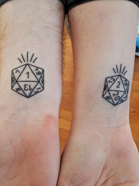 Nerd Matching Tattoos, Video Game Sibling Tattoos, Nerdy Sibling Tattoos, Dnd Tattoo Ideas D20, Dnd Matching Tattoos, Gaming Matching Tattoos, D 20 Tattoo, Dnd Tatoos Ideas, Matching Gamer Tattoos