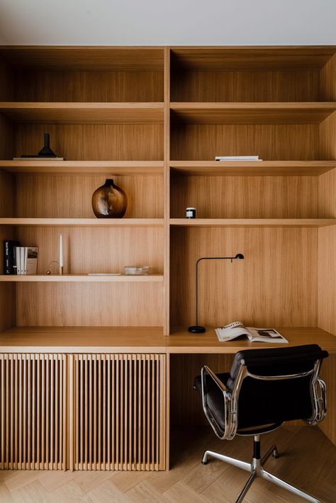 Marble Interior, Study Nook, Oak Shelves, Apartment Renovation, Bauhaus Style, Dining Table Black, The Desk, Apartment Interior, Home Office Design