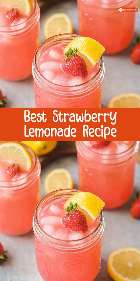 Discover the best Strawberry Lemonade recipe! Fresh strawberries, lemon juice, and a touch of rosewater make this drink absolutely irresistible. Best Strawberry Lemonade Recipe, Specialty Lemonade Recipe, How To Make Strawberry Lemonade, Best Lemonade Recipe, Homemade Pink Lemonade, Lemonade Slushie Recipe, Pink Lemonade Punch, Strawberry Drink Recipes, Frosted Lemonade Recipe