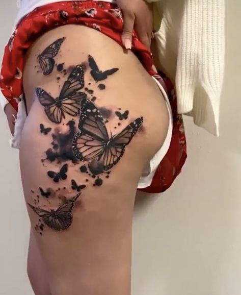 Large Butterfly Tattoo Thigh, Big Butterfly Tattoo On Thigh, Nessy Tattoo, Butterfly Thigh Tattoos Women, Butterfly Leg Tattoo Thighs, Side Leg Tattoos Women Thighs, Side Hip Tattoos Unique, Thigh And Bum Tattoo Women, Thigh Butterfly Tattoo