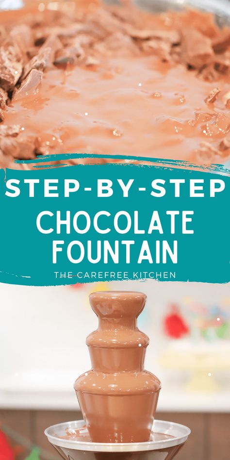 If you’re looking for a dessert idea that is fancy, memorable and super simple, why not give a Chocolate Fountain a try? This step-by-step guide will show you how to melt your chocolate, give you ideas for dipping items and even answer your most frequently asked questions. #thecarefreekitchen #chocolate #fountain #dessert #fancy #buffet #holidays Chocolate For Fountain Recipes, Chocolate Fountain Recipe Easy, Chocolate Fondue Recipe For Fountain, Chocolate Fountain Bar Display, Chocolate Fountain Bar Ideas, Chocolate Fountain Recipe, Chocolate Fountain Ideas, Fancy Buffet, Dessert Fancy