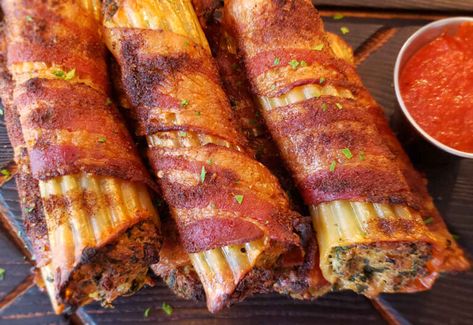 Grilled Shotgun Shells (Stuffed Manicotti Shells) - Life's A Tomato Stuffed Manicotti Shells, Meat Manicotti, Grilled Pulled Pork, Manicotti Shells, Bacon Wrapped Sausages, Stuffed Manicotti, Shells Stuffed, Sausage Wrap, Cheesy Spaghetti