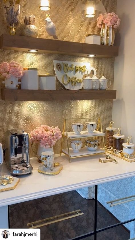 Glamorous Coffee Bar Ideas, Chic Coffee Station, French Coffee Bar Ideas, Farah Merhi Coffee Station, Black And Gold Coffee Bar Ideas, Fancy Coffee Bar Ideas, Coffee Counter Decor, Coffee Counter Station, Coffee Shelf Decor