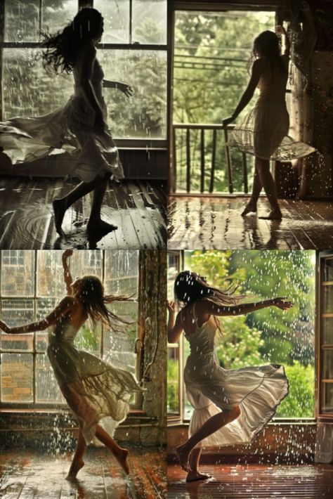 On a rainy afternoon, the woman opens her windows to let in the sound of raindrops falling. She dances barefoot on the wooden floor, her movements light and joyful, as if she's dancing with the rain itself, her spirits lifted by the soothing rhythm of the rain. Dancing In The Rain Photoshoot, Woman In Rain Photography, Dancing Woman Reference, Woman Dancing Aesthetic, Dancing In A Dress, Rainy Dance, Women Dancing Together, Spiritual Dancing, People In The Rain