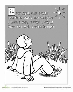 This coloring page features a scene from the classic children's poem, Star Light, Star Bright. Nursery Rhymes Worksheets, Poem Worksheet, Kindergarten Poems, Nursery Rhyme Crafts, Nursery Rhymes Preschool, Bright Nursery, Nursery Rhymes Activities, Childrens Poems, Science Camp