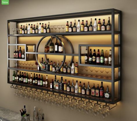 Wall Bar Ideas, Bar Wall Design, Wine Rack Metal, Black Wine Rack, Home Wine Bar, Modern Wine Rack, Bar Counter Design, Mounted Wine Rack, Home Bar Rooms