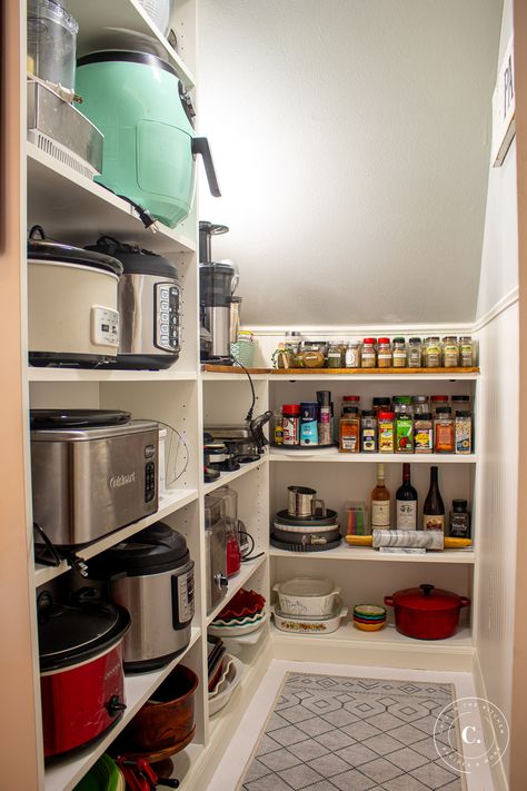 We're sharing our experience working through our DIY under-the-stairs coat closet pantry conversion! Our underused closet is now so useful! Staircase Pantry, Pantry Conversion, Under Stairs Closet, Stairs Closet, Under Stairs Pantry, Closet Under Stairs, Pantry Closet Design, Closet Pantry, Stairs Renovation