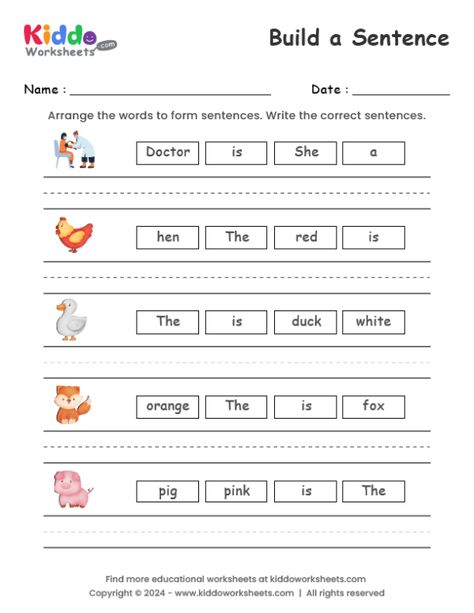 Free Printable Build a Sentence Worksheet - kiddoworksheets Re Arrange The Sentences Worksheet, Free Sentence Building Worksheets, Build Sentences Activities, Build A Sentence Free Printable, Make A Sentence Worksheet, Build A Sentence Worksheet, Word Building Worksheets, Building Sentences Worksheets, Sentence Building Kindergarten