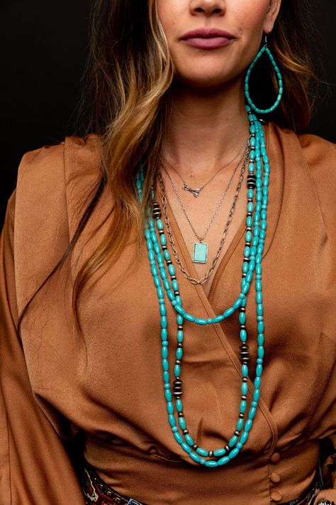 West & Co — PUNCHY'S Rust Dress With Turquoise Jewelry, Long Beaded Necklace Outfit, Coral Necklace Outfit, Turquoise Necklace Outfit, Hall Lights, Decoration Hacks, Turquoise Jewelry Outfit, Long Turquoise Necklace, Genuine Turquoise Jewelry