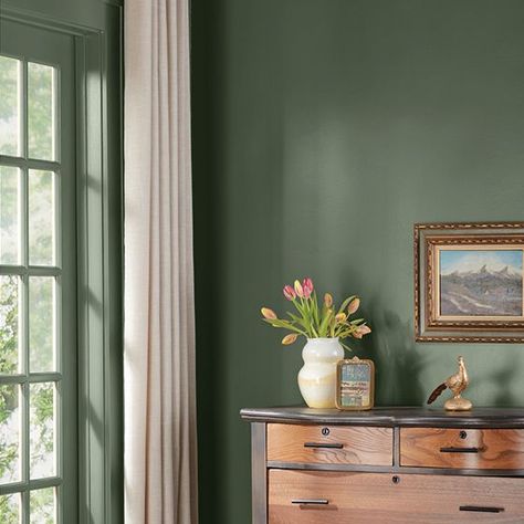 Timeless Dark Green Paint Colors to Try at Home | Valspar Flora Valspar Flora Paint Color, Flora Valspar Paint, Beautiful Green Paint Colors, Valspar 2023 Color Of The Year, Valspar Flora Paint, 2023 Paint Color Of The Year, Flora By Valspar, Valspar Paint Colors 2023, Colors For 2023 Home