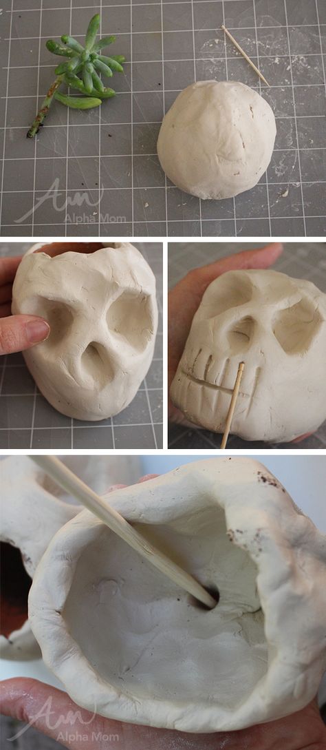 Diy Gothic Planter, Skull Planter Diy, Witchy Ceramics Ideas, Air Dry Clay Halloween Ideas Diy, Clay Gargoyles, Clay Halloween Crafts, Diy Skull Decor, Halloween Clay Ideas, Beginner Clay Projects