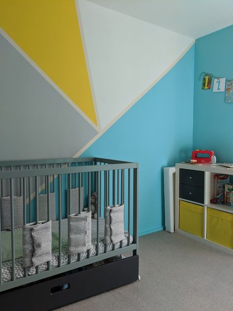 Geometric Wall Paint Playroom, Bright Colour Nursery Ideas, Playroom Colours Bright Blue Orange, Nursery Decor Bright Colors, Music Room Home, Geometric Wall Paint Yellow, Classroom Walls Paint, Geometric Nursery, Teal Nursery