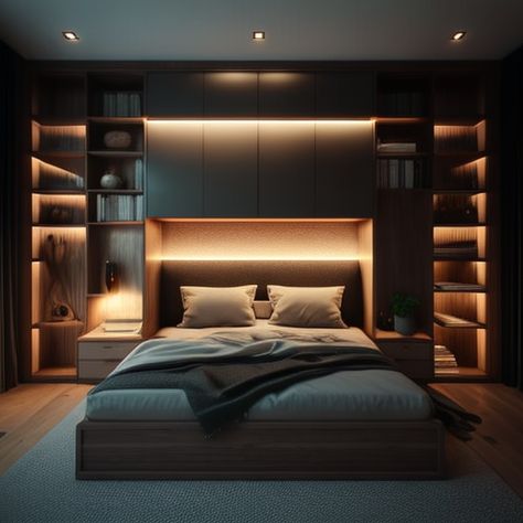 Bedroom Bed In The Middle, Bedroom Ideas Built In Wardrobe, Bedroom Wardrobe Behind Bed, Modern Bedroom Design Wardrobe, Built In Bedroom Furniture Ideas, Double Bed With Shelves, Modern Bedroom Built Ins, Built In Wardrobe Around Bed Ideas, Bedroom Wall Built In