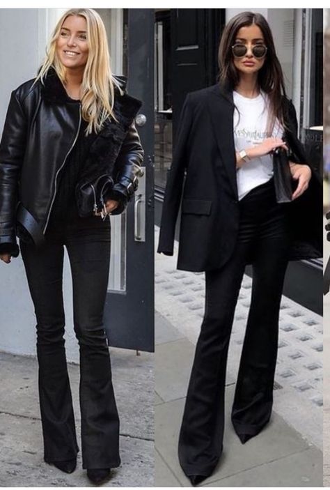 Flare Jeans Chic Outfit, Black High Rise Flare Jeans Outfit, Black Flared Dress Pants Outfit, Black Denim Flares Outfit, Black Flare Leg Jeans Outfit, Fall Evening Outfit Dressy, Jeans Fall Outfit 2024, Flare Jeans Style Outfit Ideas, Chic Flare Jeans Outfit