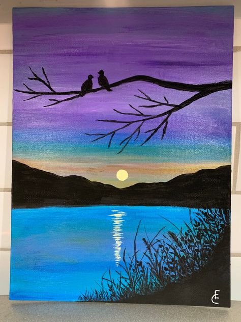 Love Birds at Lake at Sunset - Etsy Australia Panting Photo Ideas Easy, Beach Sunset Painting Easy, Easy Water Painting, Easy Cartoon Paintings, Lake Painting Easy, Sunset Lake Painting, Canvas Paintings Easy, Easy Nature Paintings, Paint Sunset