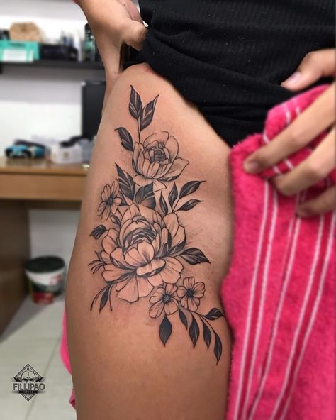 Medium Sized Thigh Tattoos, Floral Hip Tattoos Women, Unique Hip Tattoos Women, Trap Tattoo, Rose Tattoo On Hip, Pelvic Tattoos, Floral Hip Tattoo, Name Tattoos For Moms, Floral Thigh Tattoos