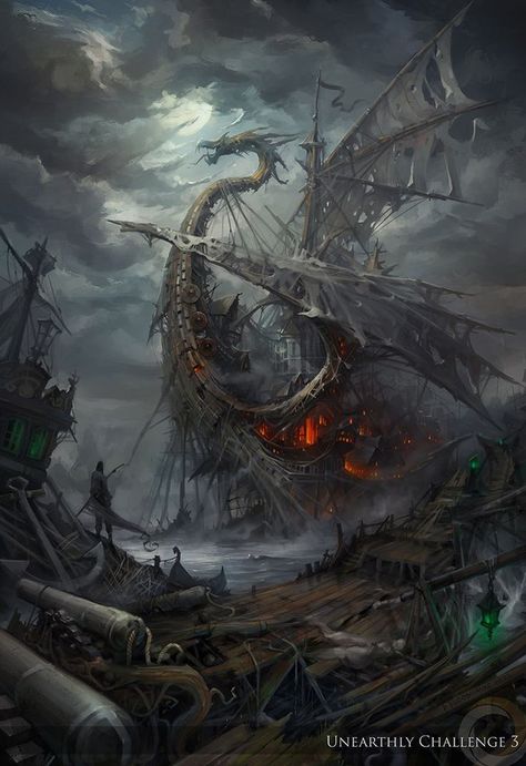 Lost ships by haryarti on deviantART | dragon sailing ship | fantasy art sea harbor | dark black dragon Types Of Dragons, Creature Fantasy, Navi A Vela, Final Boss, 다크 판타지, Dragon Pictures, Fantasy Setting, Fantasy Places, Art Et Illustration