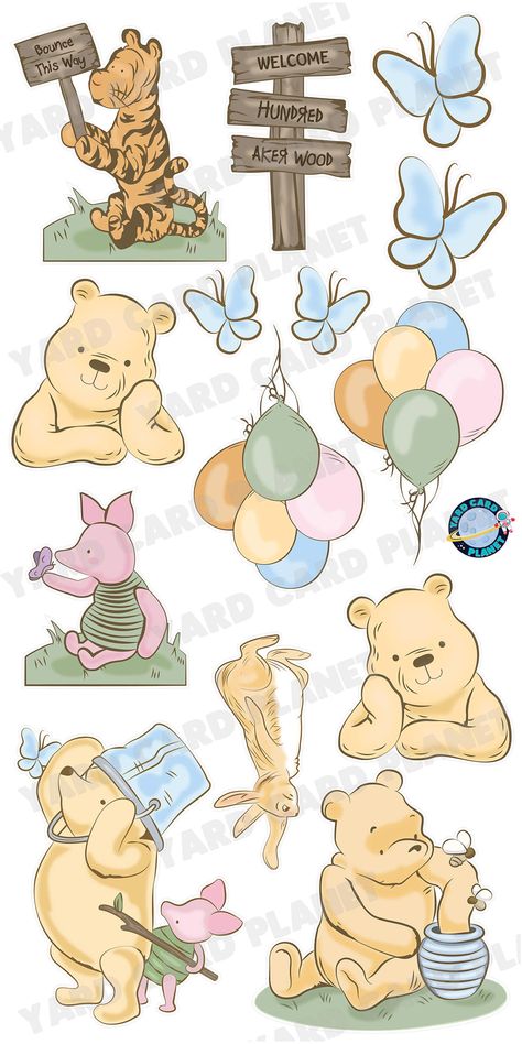 Rumbly In My Tumbly Pooh, Winnie The Pooh Wood Signs, Winnie The Pooh Colour Palette, Vintage Pooh Birthday, Winnie The Pooh Cutouts, Pooh Thinking, Kids Yard, Winnie The Pooh Themes, Baby Shower Theme Decorations