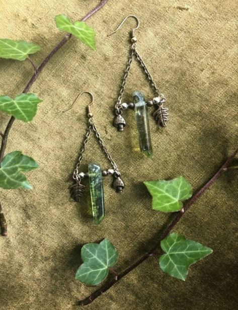 Swaggy Accessories, Woodland Fairy Aesthetic, Goblincore Style, Pyramid Terrarium, Moss Quartz, Fairy Jewellery, Forest Earrings, Fairy Grunge Aesthetic, The Goblin